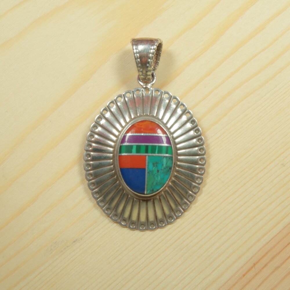 Sterling Silver Turquoise Marcasite Coral Lapis Lazuli Oval Pendant